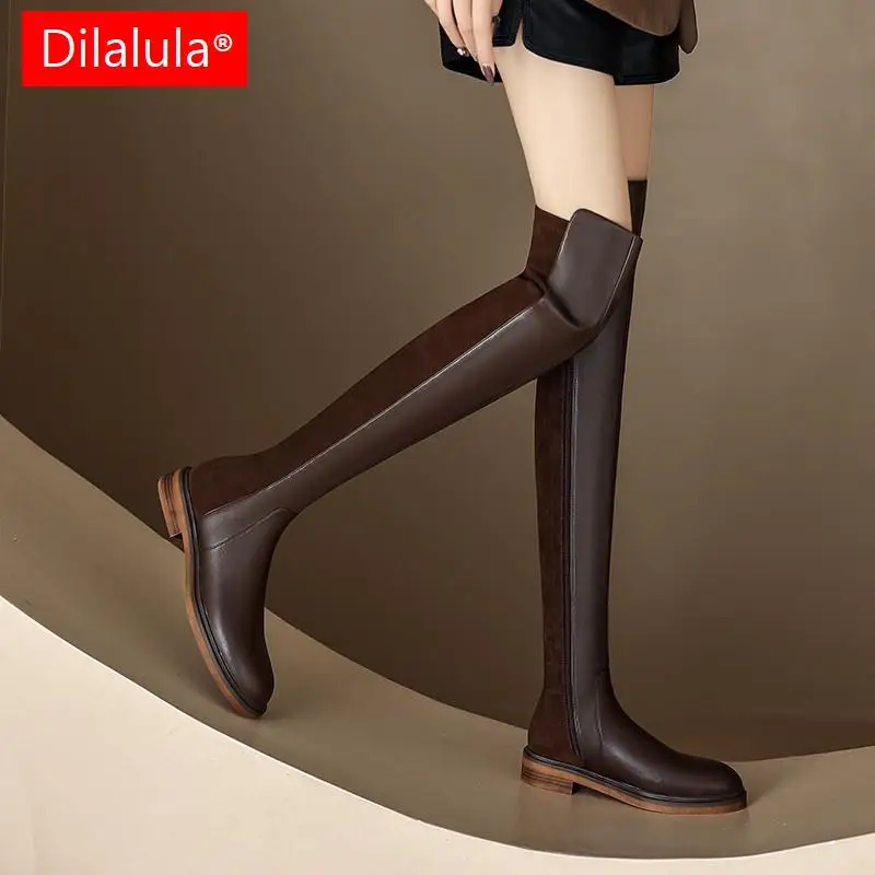 Dilalula Fashion Concise Women Over The Knee High Boots Low Heels Party Casual Genuine Leather Splicing Slim Long Shoes Woman