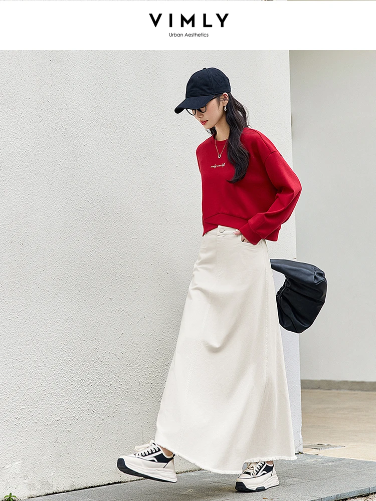 

Женская джинсовая юбка макси VIMLY, весна-осень 2022, джинсовая юбка из 100% хлопка, белая минималистичная длинная юбка трапециевидной формы с потертостями, женская A0110