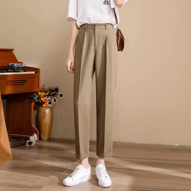 

Summer Harem Suit Pants Women's High Waist Straight Ankle-Tied Baggy Pants High-Grade Loose Slimming Ankle Length Casual Pants