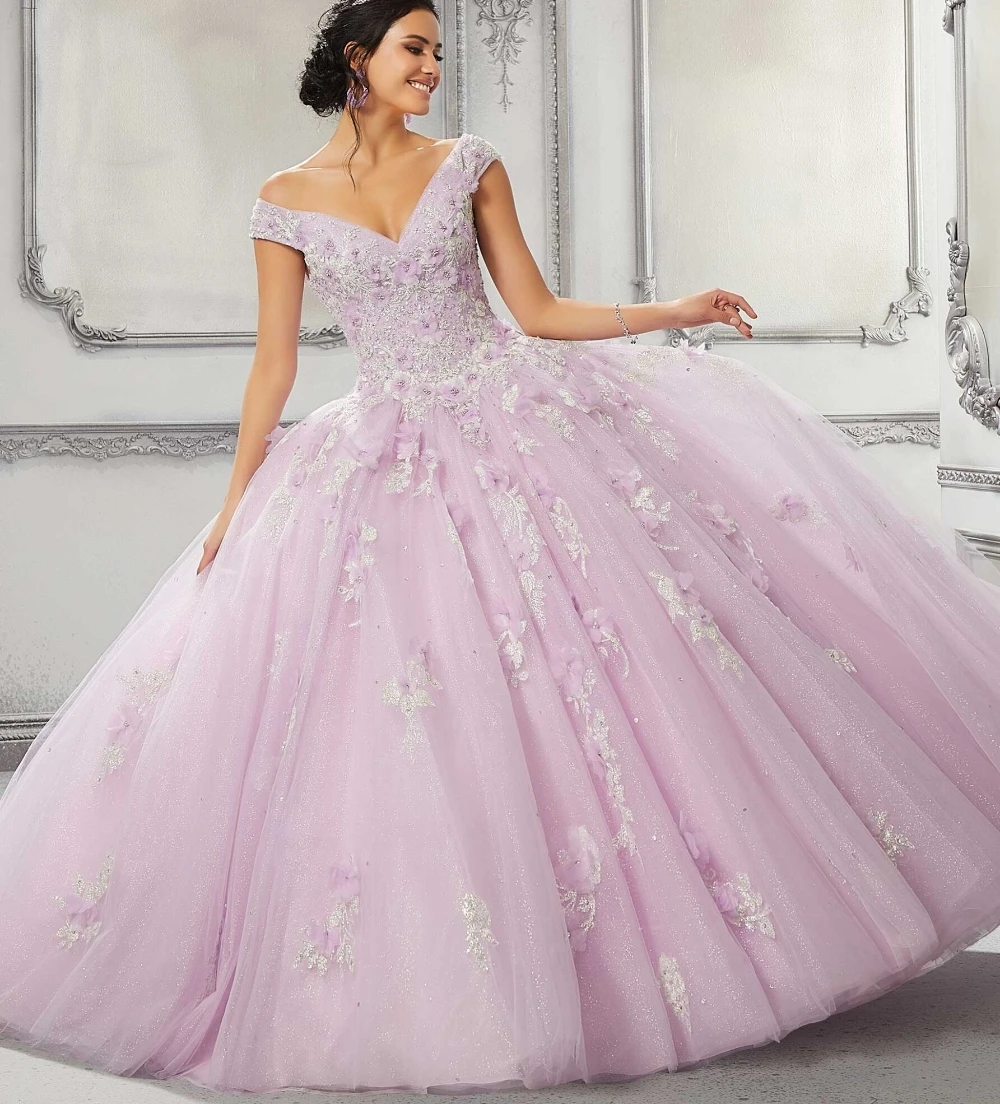 EVLAST Personalizzato Lilla Viola Abito di Sfera Abito stile Quinceanera Principessa 3D Floreale Applique di Pizzo Che Borda Abiti Da 15 Anni TQD160