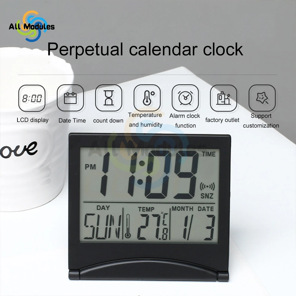 Small Lcd Digital Alarm Clock Folding Travel Calendar Temperature Snooze Clock Desktop Perpetual Calendar Electronic Clock