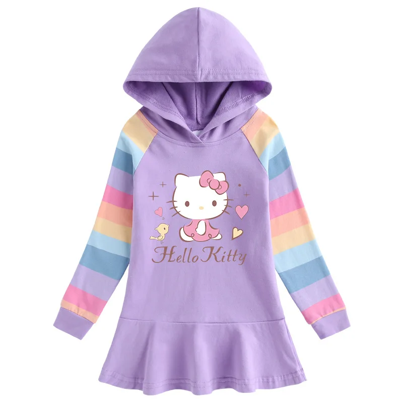 

Hello Kitty Children's clothingNew Cotton Cartoon Rainbow Girls Dress Children's Long Sleeve Hooded Sweater Sweet Princess Dress