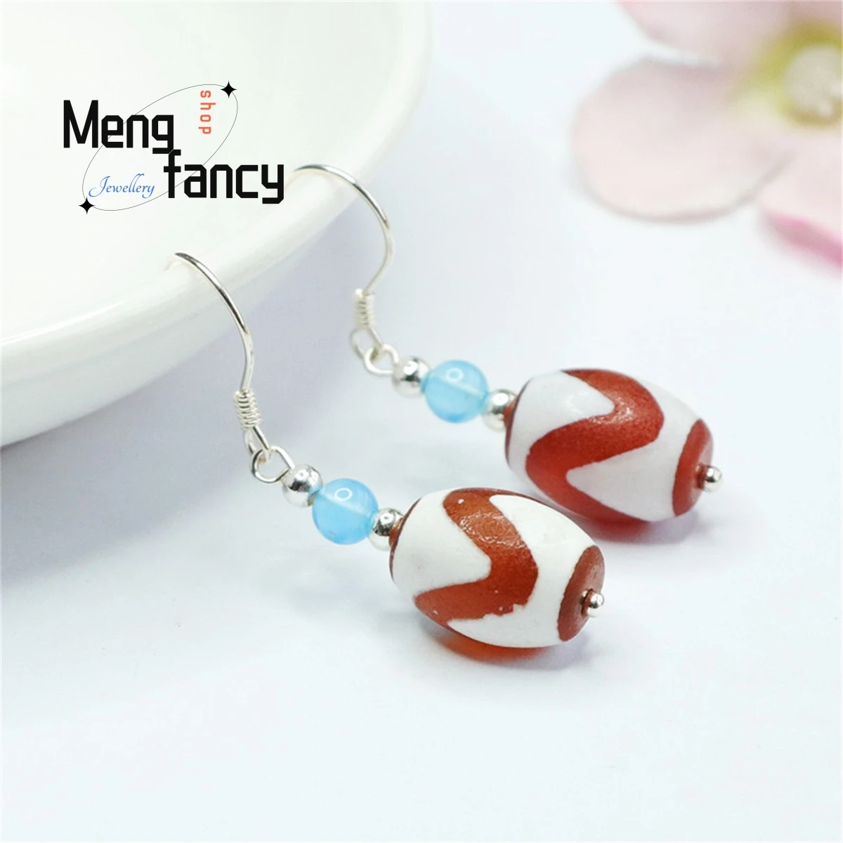 

Natural S925 Silver Inlaid Tiger Teeth Tianzhu Road Tong Bucket Bead Earring Simple Personalized Fashion Versatile Women Jewelry