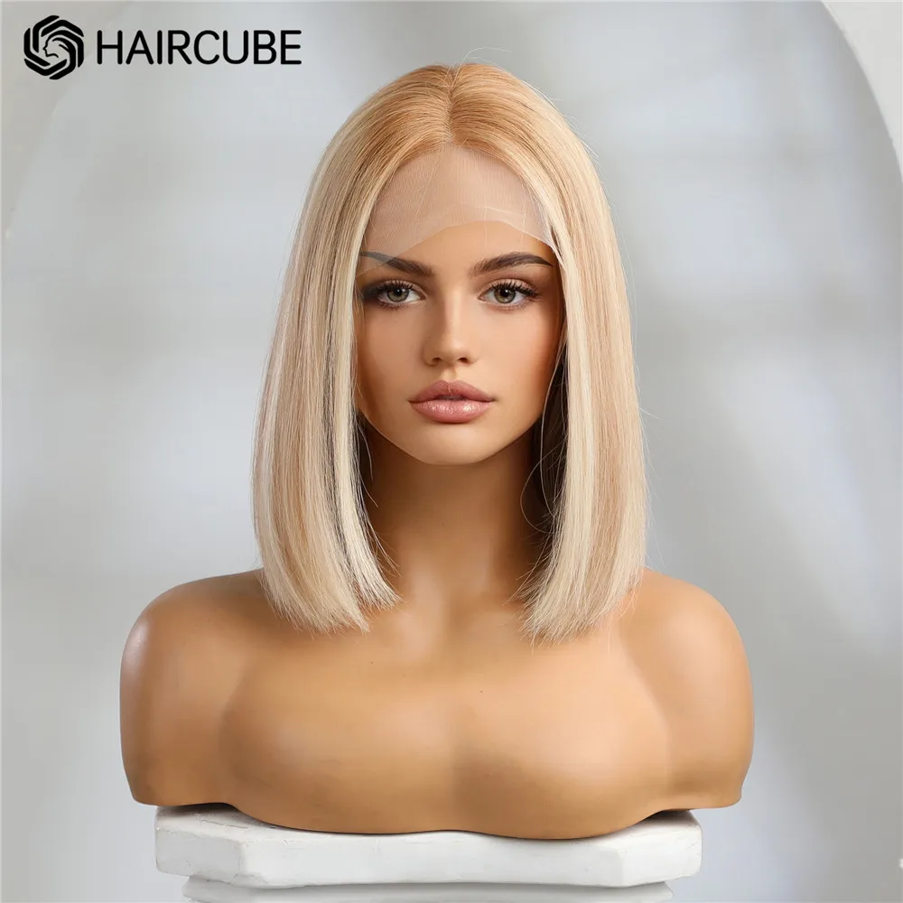 HAIRCUBE Bayalage น้ำผึ้งสีบลอนด์วิกผมผมมนุษย์ผู้หญิง13 × 5 × 1ลูกไม้ด้านหน้าวิกผม Lob ทรงผมกลาง bob วิกผมมนุษย์ Remy