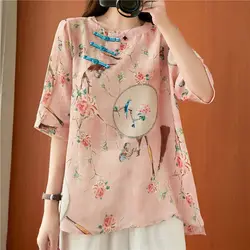 Chinese Stijl Ronde Hals Katoenen Linnen Dames Zomer Retro Bedrukt Halve Mouw Losse Knoop Asymmetrische Dunne Woon-Werkverkeer Shirt Tops