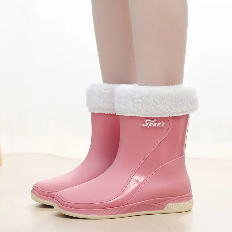  أحذية المطر النسائية المقاومة للماء لمنتصف الساق، متينة لجميع المواسم، أحذية مطبخ مسطحة فروي دافئة للنساء، أحذية مريحة للاستخدام في الهواء الطلق #4