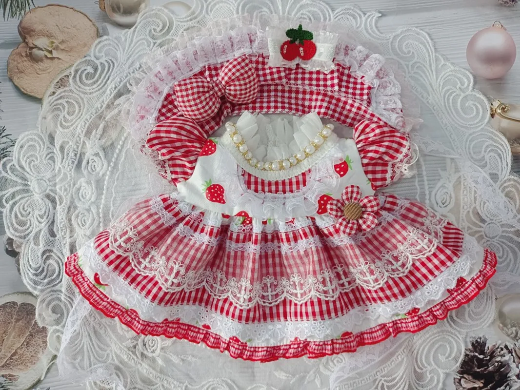 BJD Doll Clothes Suitable for 1/3 1/4 1/6 size Red lace small strawberry dress doll accessories (headdress + skirt + bustle)