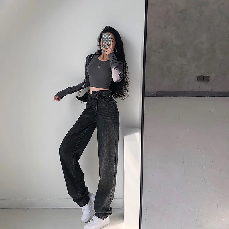 

YoungGirlDay Trendy Wide Leg Jeans Loose Fit Slimming Straight Cut Dad Jeans Street Style Blogger Favorite Long Pants