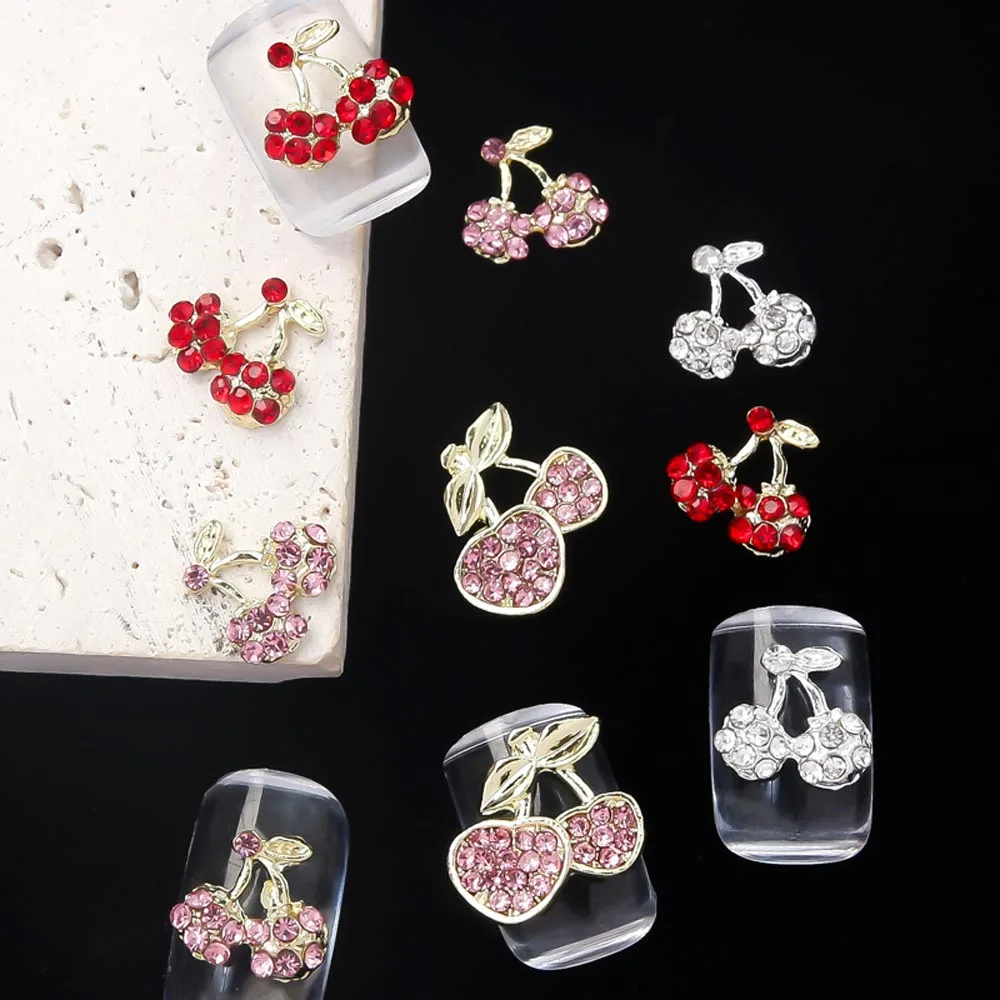 10Pcs/lot 3D Alloy Cherry Nail Charms Luxury Nail Parts Gems Crystal Rhinestones Pink/Red/Silver Stone Nail Art Decorations