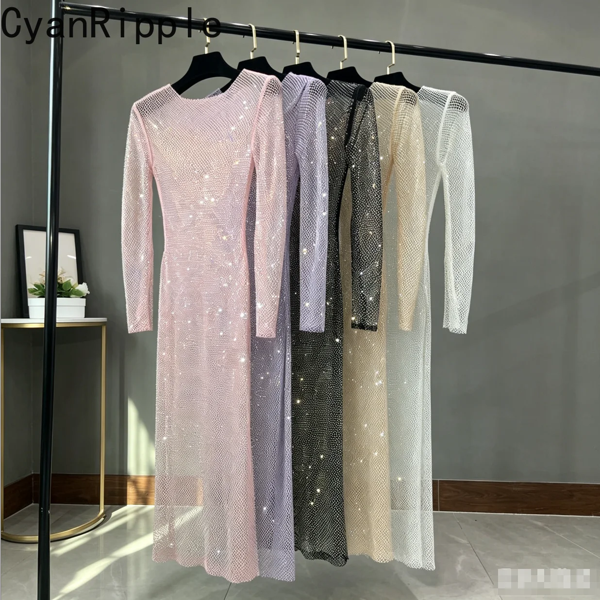 

Blingbling Shiny Rhinestone Perspective Mesh Long Sleeve Dress Elegant Hollow Out Round Neck Mopping Floor Women Maxi Dress