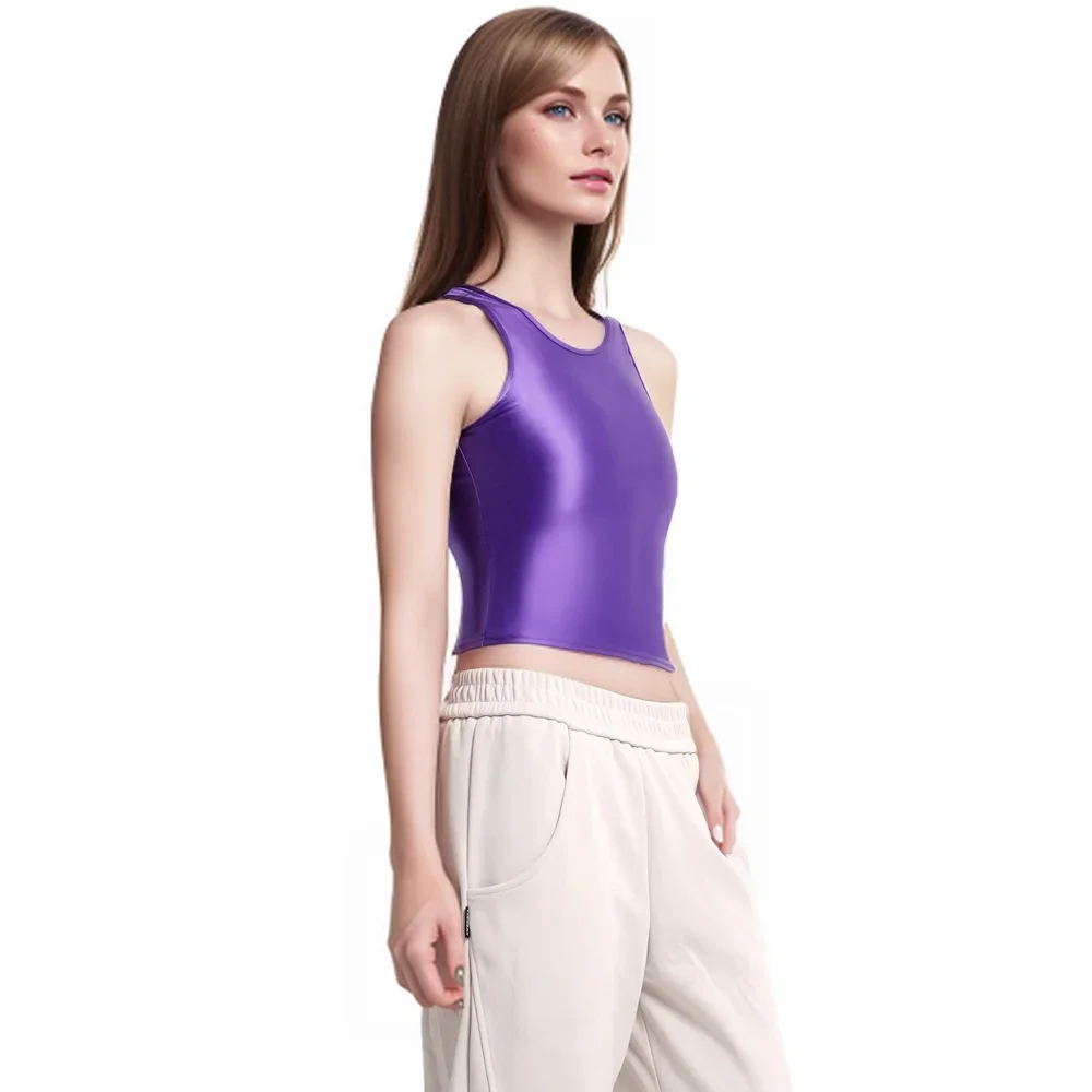 MJINM Women Smooth Glossy Sleeveless Suspender Vest Sports Yoga Stretch Oil Short Round Neck Tank Tops Casual Spandex Undershirt