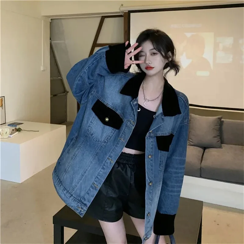 

Denim Jacket Women Spring Autumn Korean Version 2023 New Design Sense Contrast Stitching Loose Long-Sleeved Jacket Top Cool Tide