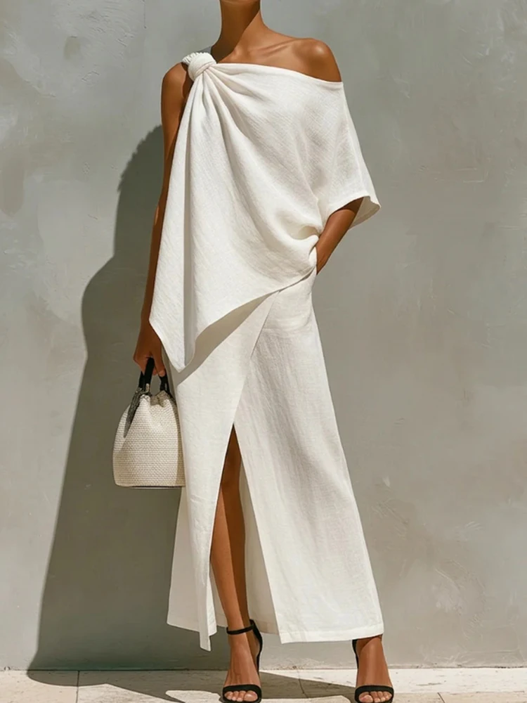 2026 Women Summer Skew Collar One Shoulder Pullover Top with Maxi Split Skirt Two Pieces Set Solid Patchwork Outfit Streetwear