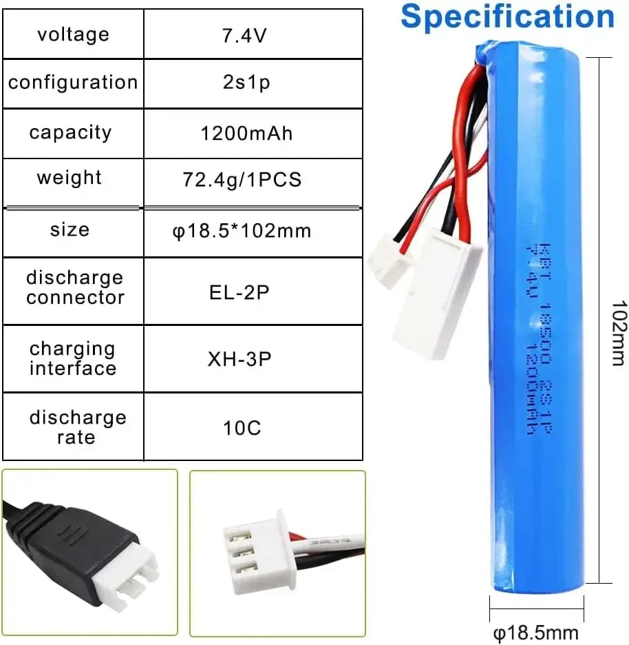 7,4 V 1200 mAh 18500 Akumulator litowo-jonowy EL-2P z ładowarką do Gel Blaster SRB 1200 PX9300 PX9304 1/18 Skala RC Car Boat Trucks