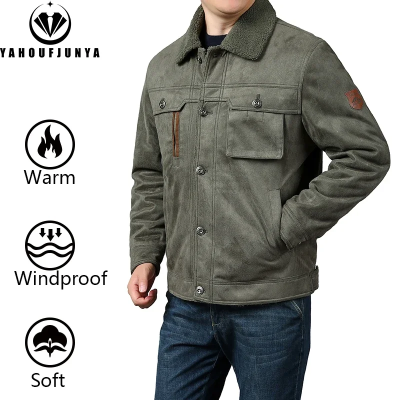 

2024 Winter Men Casual Cargo Fleece Warm Solid Lapel Jacket Men Many Pocket Outdoor Windproof Fashion Style Jacket Male Coat 5XL