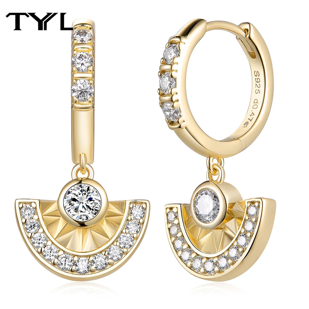 TYYL D VVS1 Round Moissanite Drop Earrings Gold Plated Hoops Diamond Sector Dangle Earring 925 Silver Ear Jewelry for Women Gift