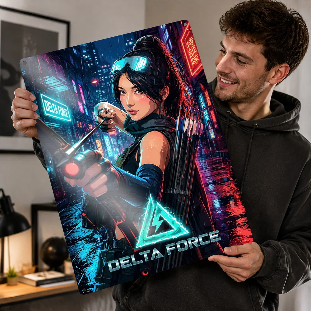 Delta Force Cyberpunk Operative Printed Poster Customized Metal Sign Battlefield Squad Design Wall Art For Collector Den Decor