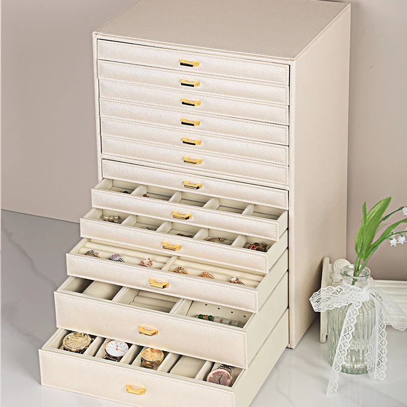 A PU Large Capacity Jewelry Storage Box Accessory Organizer Case 12 Drawers Necklaces Rings Earrings Bracelest Watch Display