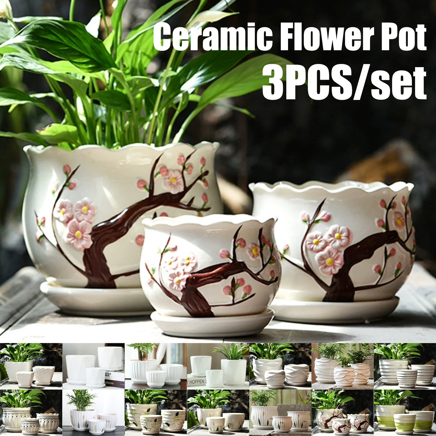 3PCS Ceramic Bonsai Pots Set Flower Pot Balcony Plant Pot Home Decor Supplies Large-capacity Plant