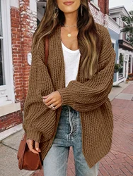 Women's Open Front Long Lantern Sleeve Cardigan Oversized Chunky Outwear with Pocket