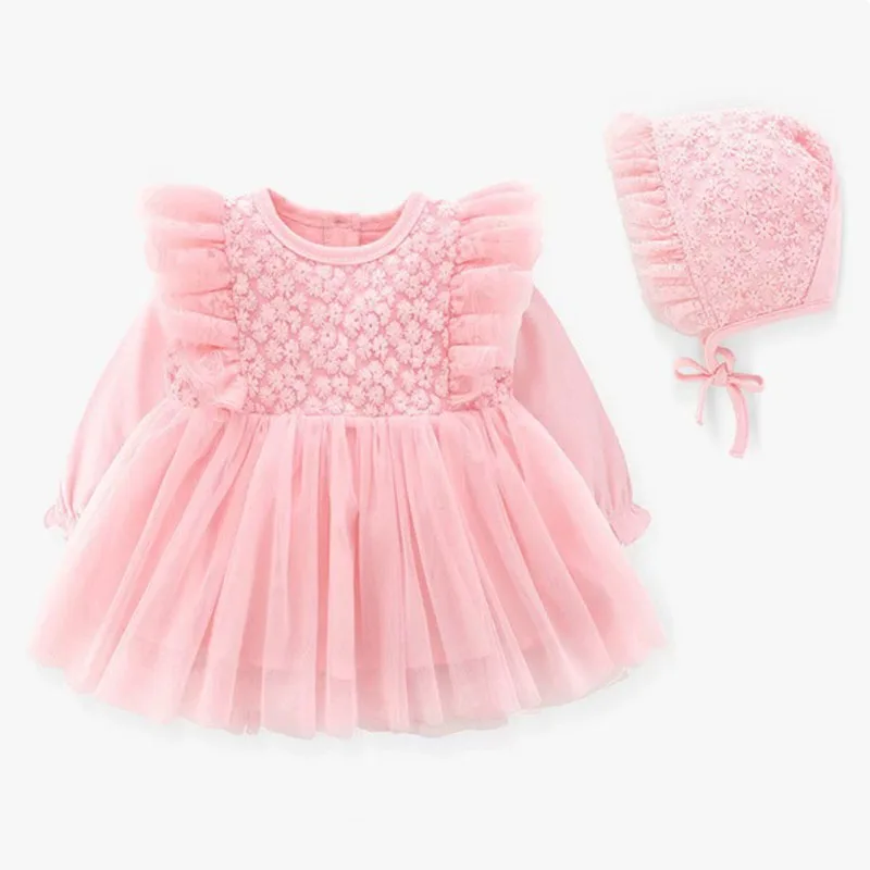 

Летняя одежда для новорожденных девочек, корейское модное розовое милое платье принцессы с длинными рукавами и цветами для первого дня рождения + шапка, детские платья B173