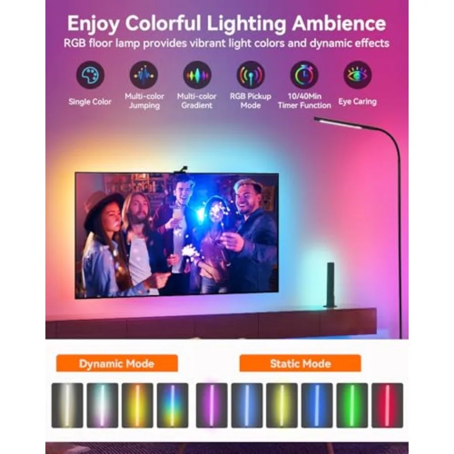 Smart RGB Floor Lamp LED Floor Lamp for Living Room Modern Adjustable Gooseneck Standing Lamp with Music Sync Scene Modes Remot