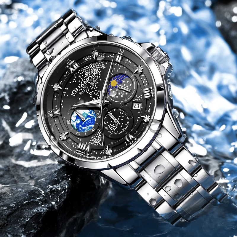 GUANQIN Luxury Men Quartz Watch Star Series Stainless Steel Alloy Case Date Business Leisure 30M Waterproof Luminous Wristwatch