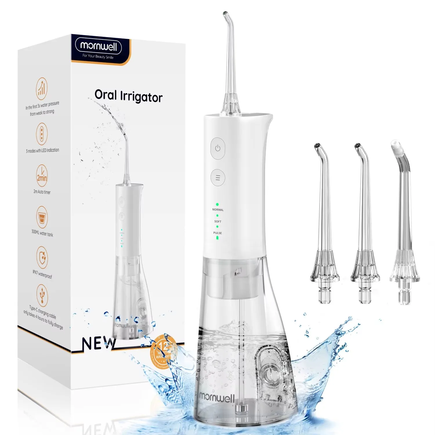 Mornwell fio dental de água recarregável para limpeza dos dentes à prova dwaterproof água flosser portátil irrigador oral 300ml viagem em casa