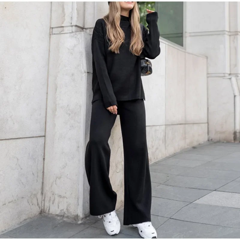 Split Turtleneck Women Sweater Suit Winter Solid Loose Casual Wide Leg Pants Female Two Piece Set 2024 Elegant Knit Tops Outfits