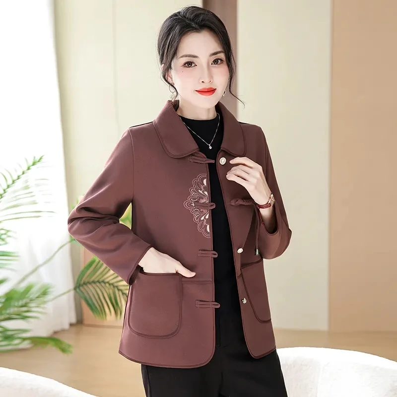 

High-end Mom Women's Short Coat 2024 Spring Female New Chinese Embroidered Jacket Long Sleeves Cover The Belly Slim Overcoat