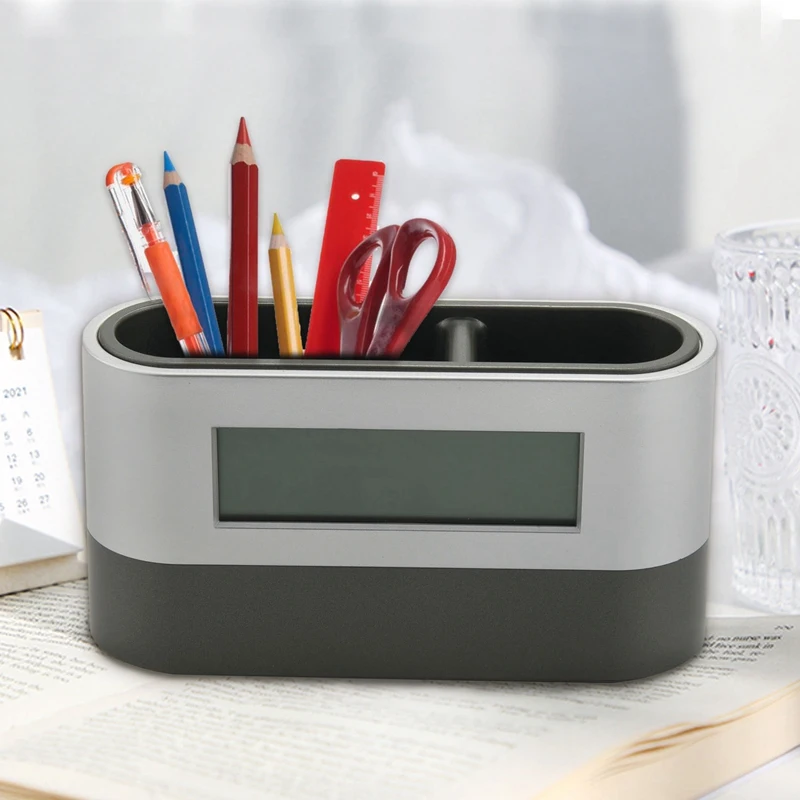Hot-2X Pen Holder Tools Name Card Container With Digital Alarm Clock Timer Calendar Temperature Thermometer