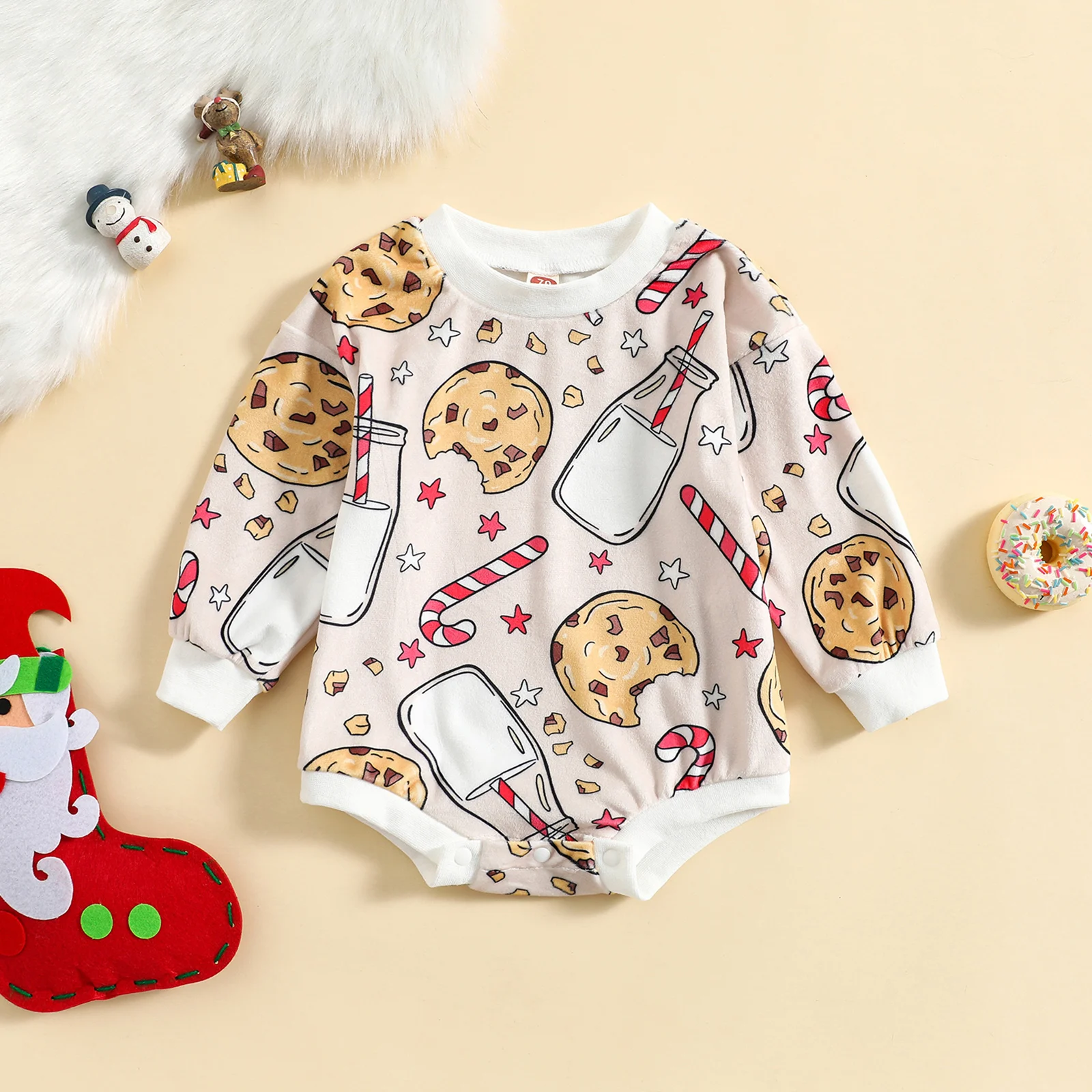 2022-08-26 Lioraitiin 0-24M Infant Baby Girls Boys Christmas Bodysuit Biscuits Milk Bottle Print Long Sleeve Jumpsuits