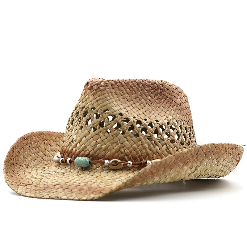 New Hollow Out Unisex Shading Outdoor Wide Brim Cowboy Straw Hat Solid Color Fashion Sun Protection Beach Hat Summer Cap