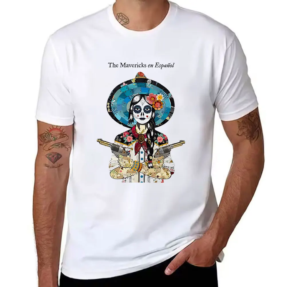 Men's 100% Cotton T-Shirt, The Mavericks en Español Day of the Dead Graphic Tee, Vintage Western Style Casual Top