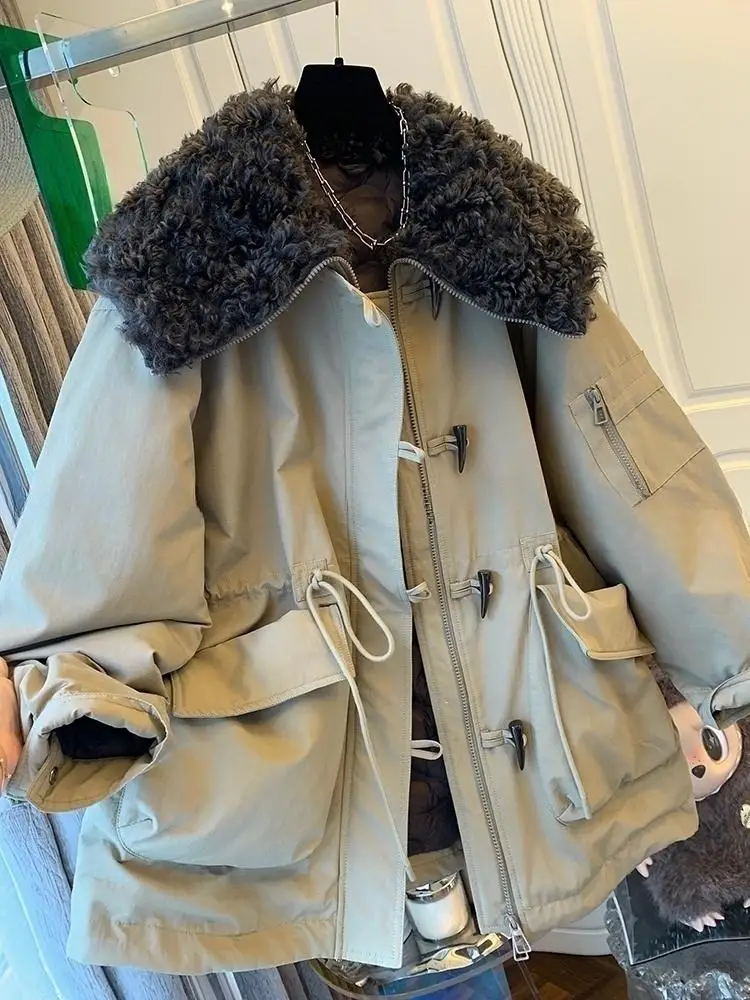 SuperAen Płaszcz z bawełny w stylu koreańskim z guzikami w kształcie rogu, z kołnierzem, gruby, zimowy, nowy model 2026, khaki, oversize, luźna parka