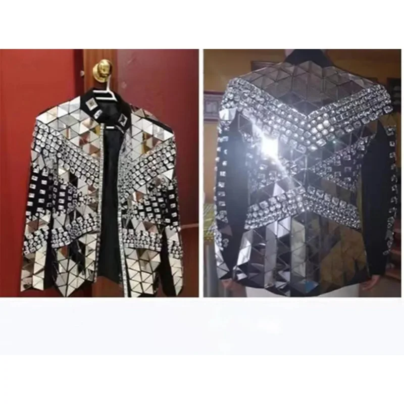 Handmade Men's Crystal Mirror Lens Vest Cool Slim Performance Jacket Nightclub Male Singer Dancer Show Stage Outfit Costumes PA3