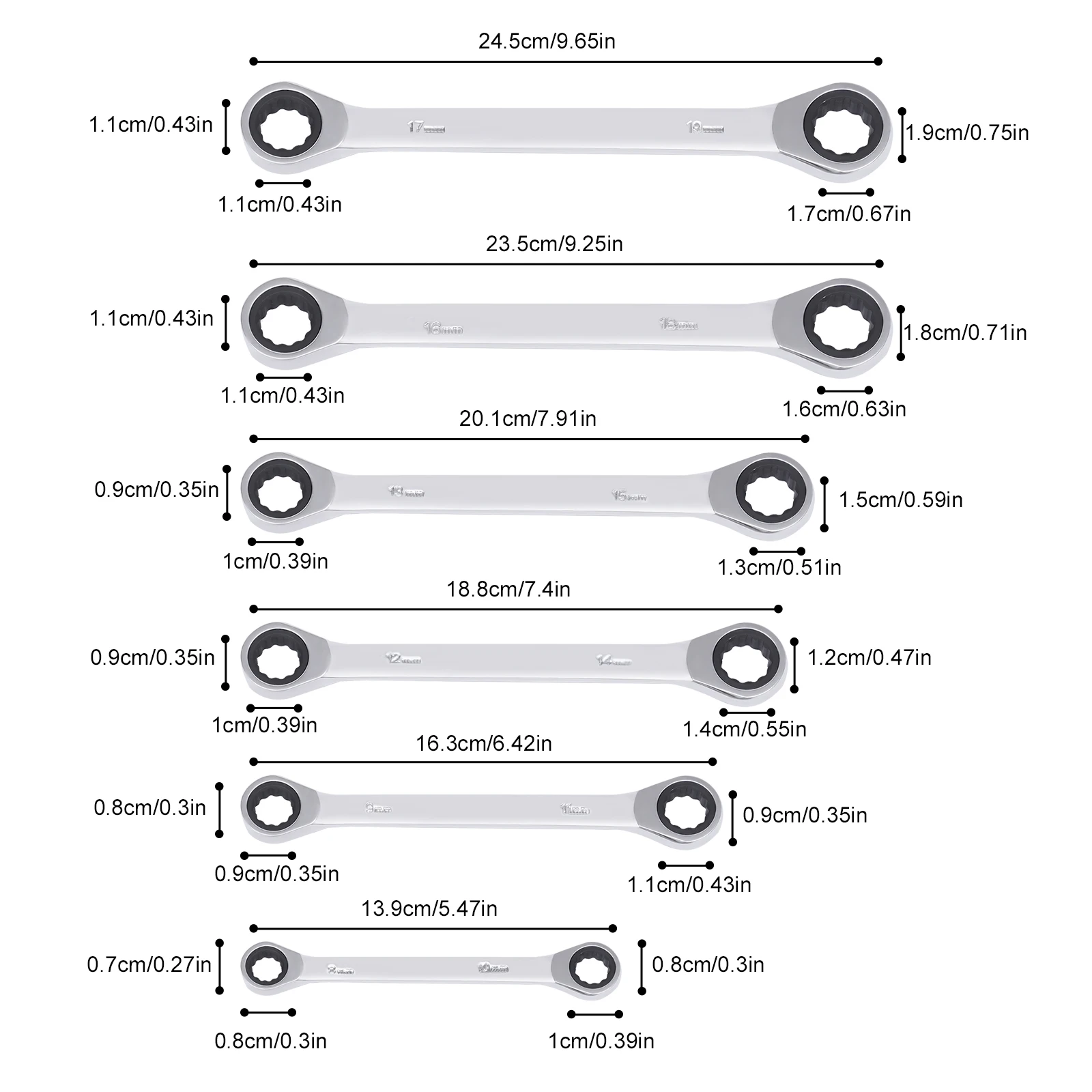 

6-Piece Flex-Head Extra Long Ratcheting Wrenches Double Box End 45#Steel 72-Tooth Wrench Set with Metric 8mm - 19mm
