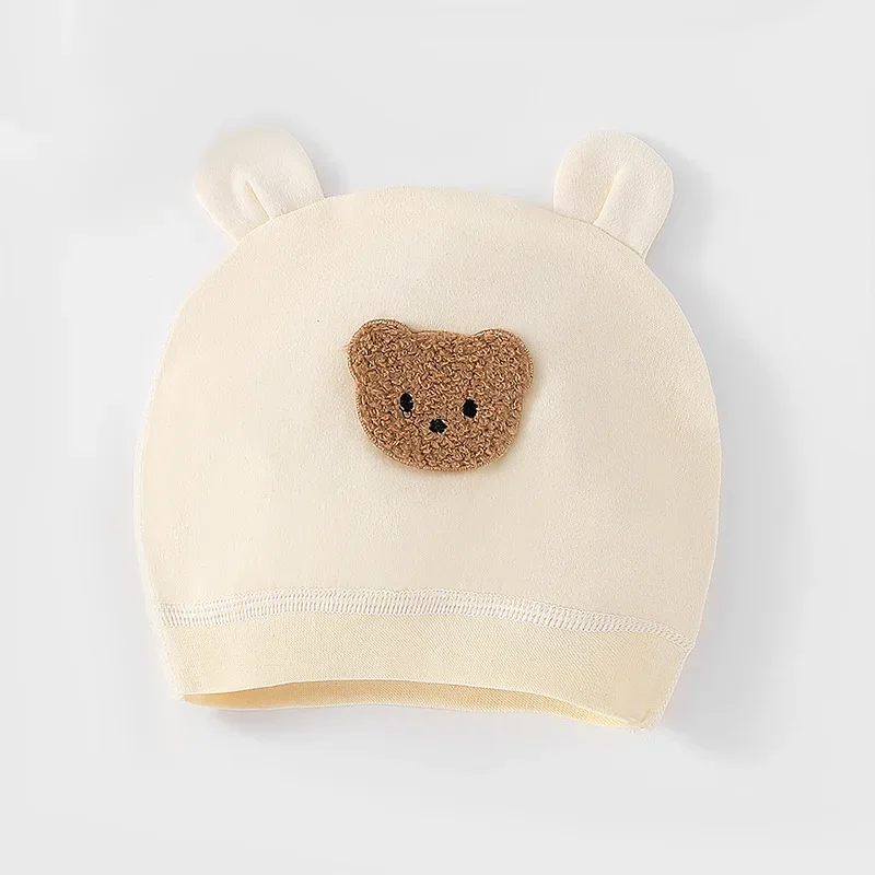 Soft Infant Beanies Caps Baby Hat Cartoon Bear Boneless Muslin Hat Newborn Headwear Windproof Spring Hat 0-3M Baby Hats