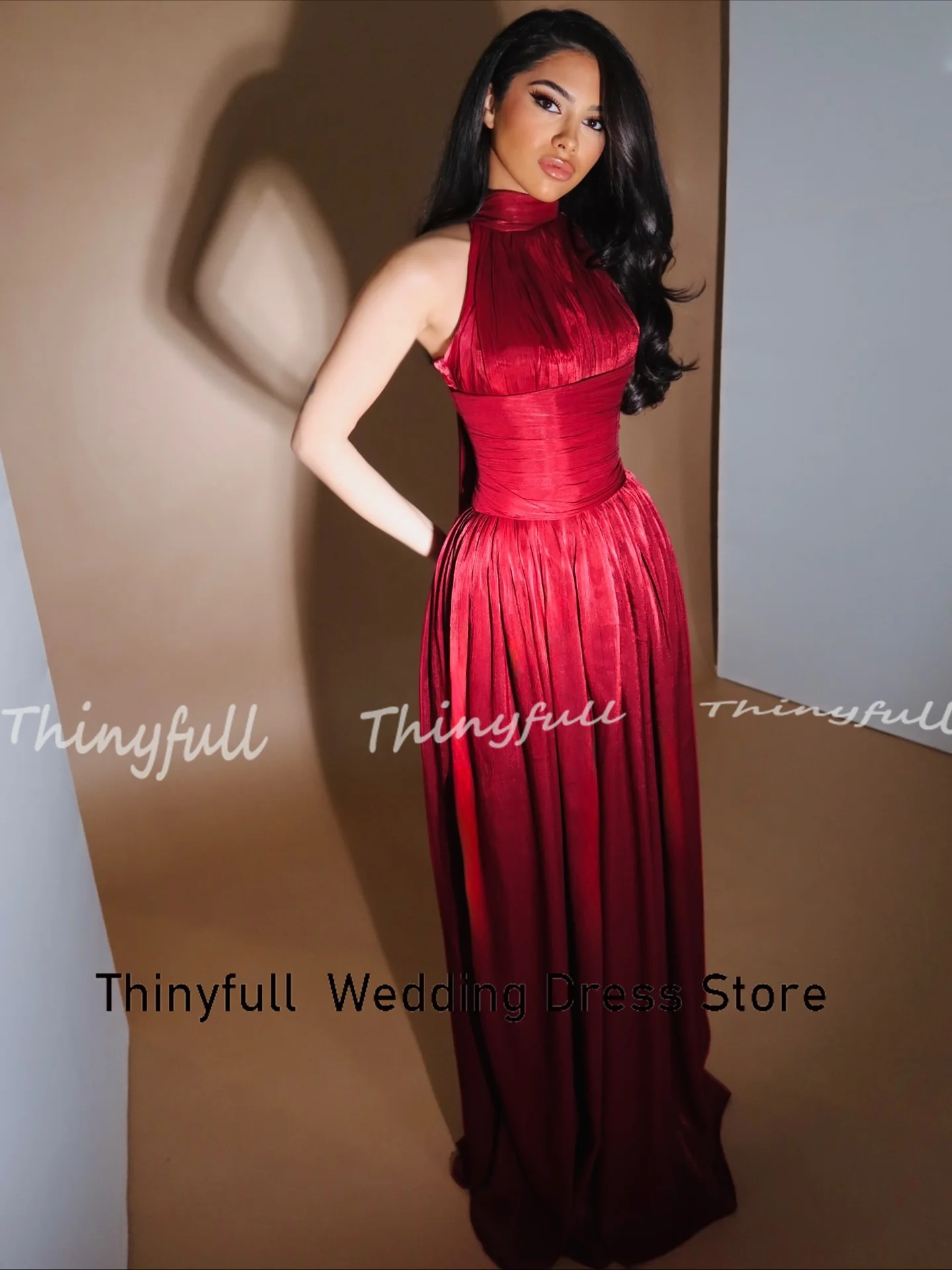 Thinyfull A-line Arab Long Prom Dress Halter Sleeveless Shiny Satin Evening Party Dresses Dubai Dress Robe De Soirée Customized image 3