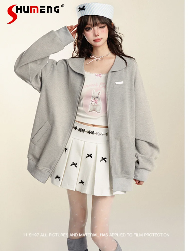 

Japanese Preppy Style Soilar Collar Zipper Cardigan Jacket Streetwear Simple Loose Casual Long-sleeve Sweatshirt Women Autumn