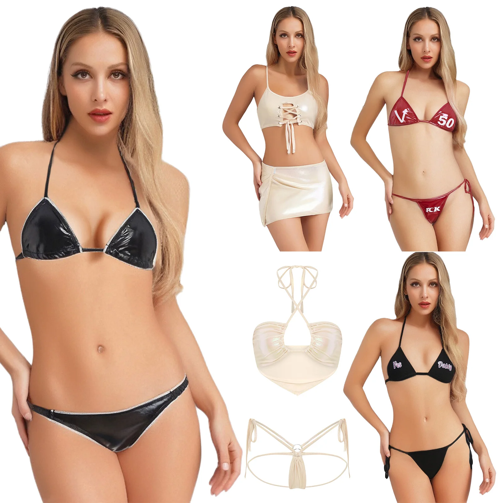 Maillot de bain bikini sexy pour femme Costume de nuit Halter à lacets Mini hauts de soutien-gorge avec string Style anime Maillot de bain brillant Ensemble de lingerie