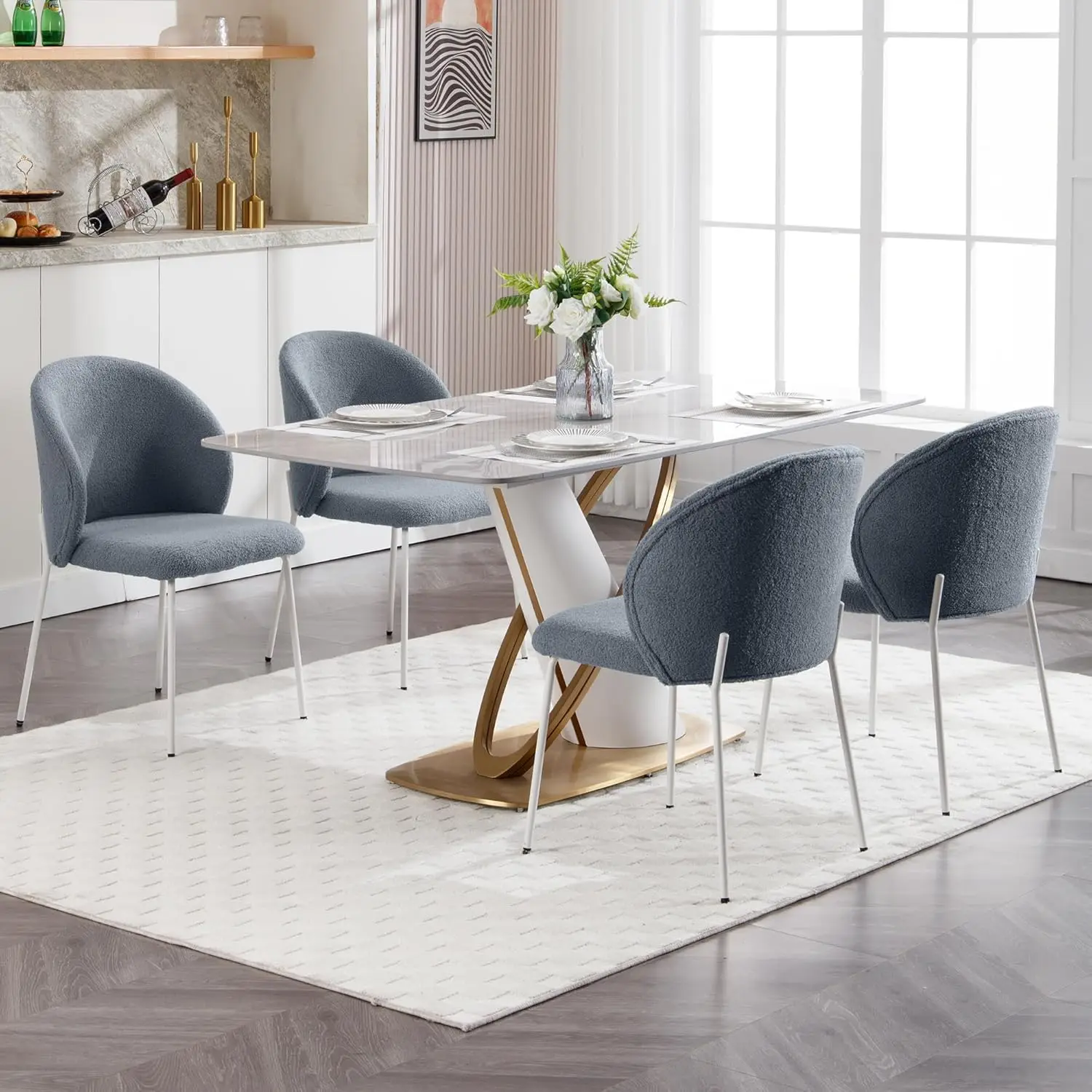 

Faux Fur Dining Chairs Set 4, Curved Backrest Metal Legs Kitchen Side Chair Grey, Customized