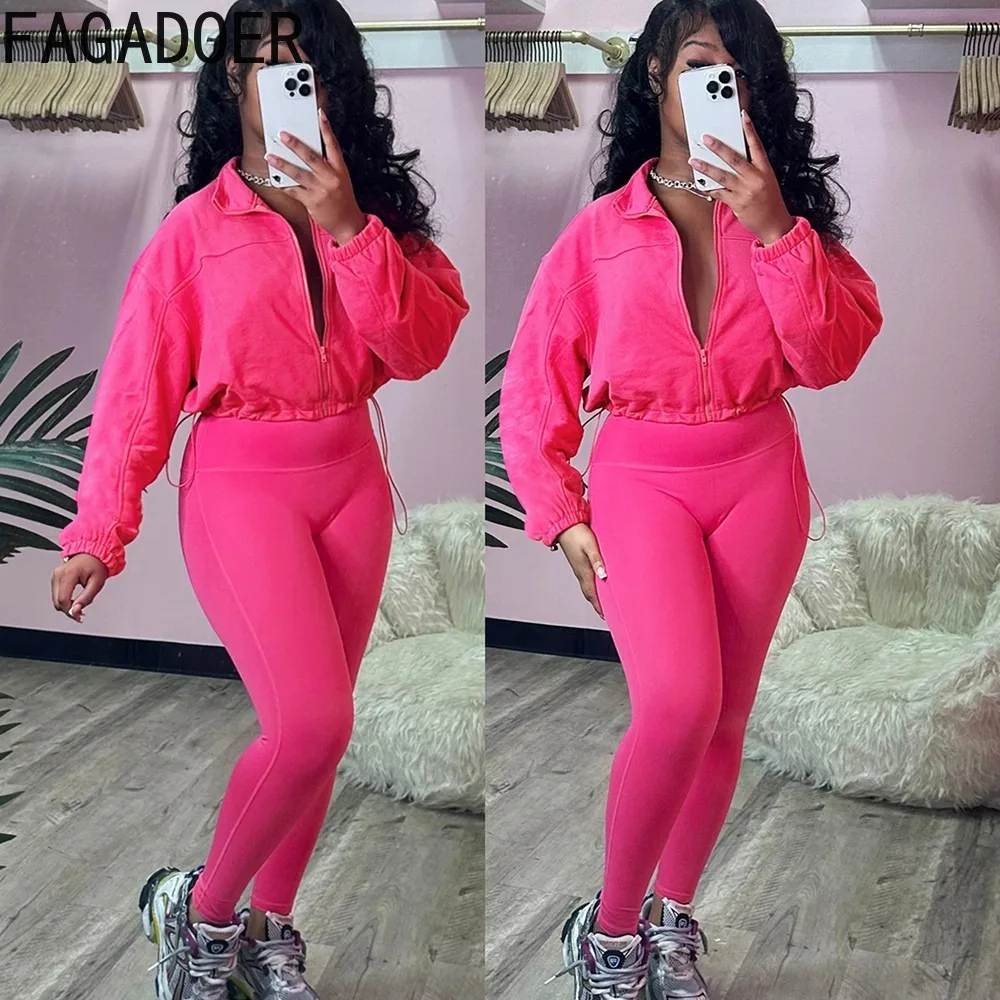 

FAGADOER Casual Solid Sporty Two Piece Sets Women Zipper Long Sleeve Drawstring Top And Skinny Pants Outfits Female Tracksuits