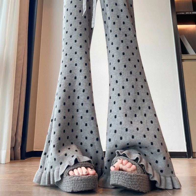 Wave Point Knitted Micro Flared Women's 2025 Autumn and Winter New High Waist Slimming Loose Casual Wide Leg Pants