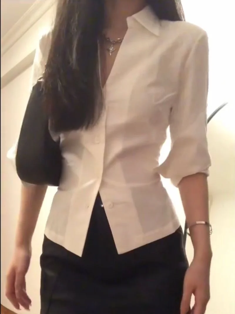 

Slim Fit White irt Women's Summer Thin Sun Protection Outerwear V-ne Pure Desire Sle Korean Version Long Sve Button ...