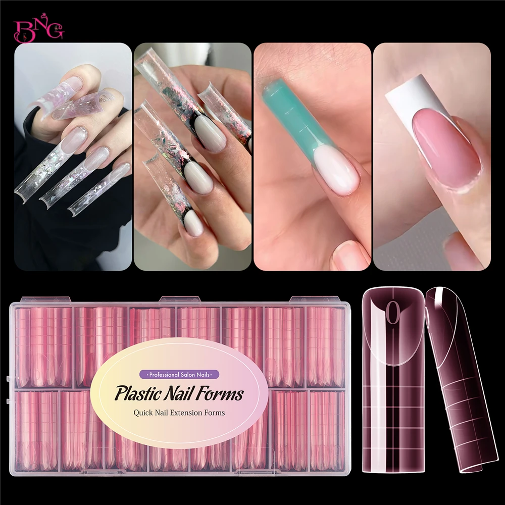 BNG French Nail Dual Forms Acrylic Poly Nail Gel UV Quick Building Moulds 15 Sizes Reusable Nail Molds for French Manicure