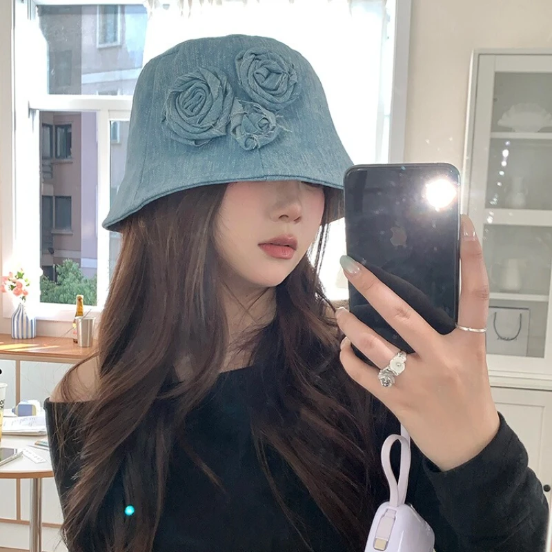 

Original Design Handmade Rose Denim Bucket Hats for Women Spring and Summer Travel Versatile Leisure Personality Basin Caps