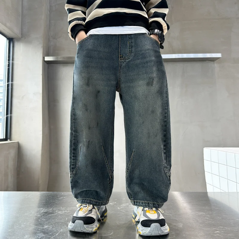 빈티지 블루 어린이 청바지, 캐주얼 하이 스트리트 데님 바지, 학교 어린이 패션, 스트레이트 컷 청바지, 십대