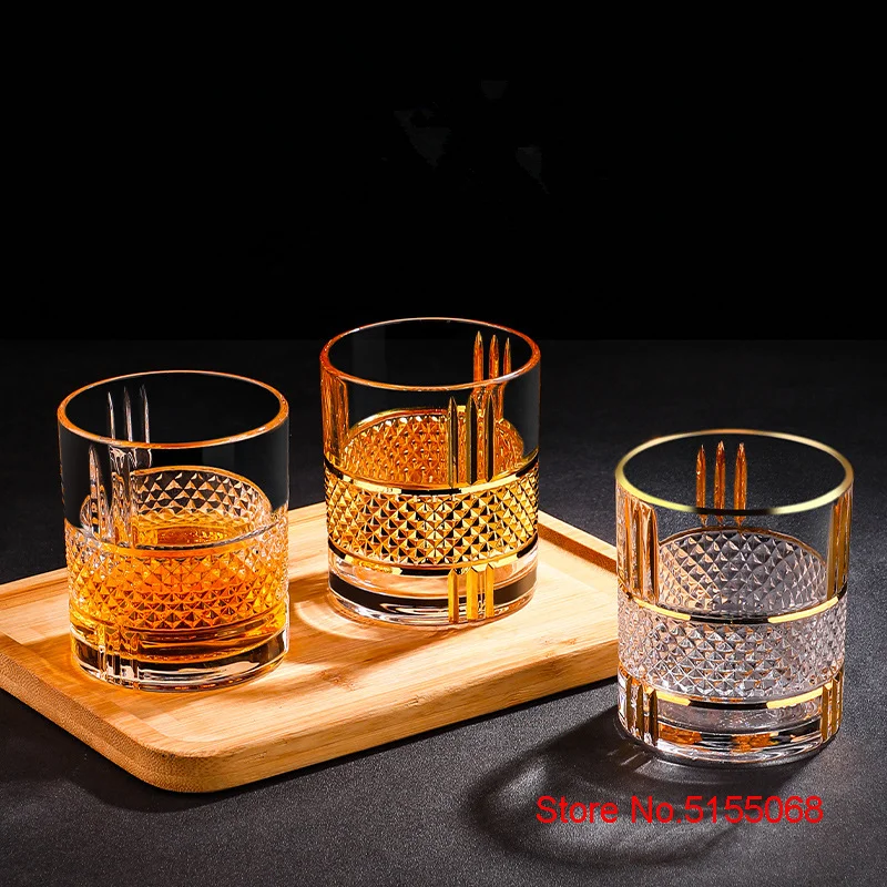 European Style Luxury Golden Old Fashioned Whiskey Rock Glass Diamond Cut Pattern Whisky Tumbler Trace Gold Wine Glass Beer Cup