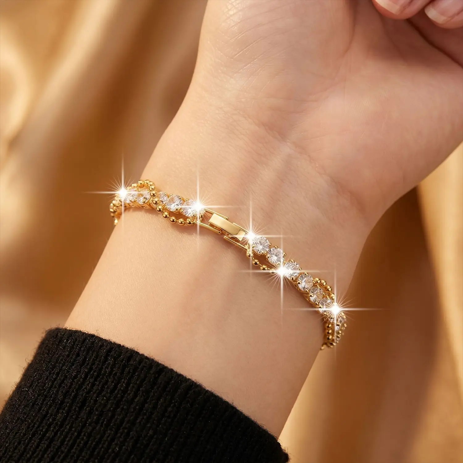 ZAKOL Creative Round Zircon Chain-wrapped Twisted Bracelet for Women Exquisite Fashion Bright Zirconia Wedding Accessories